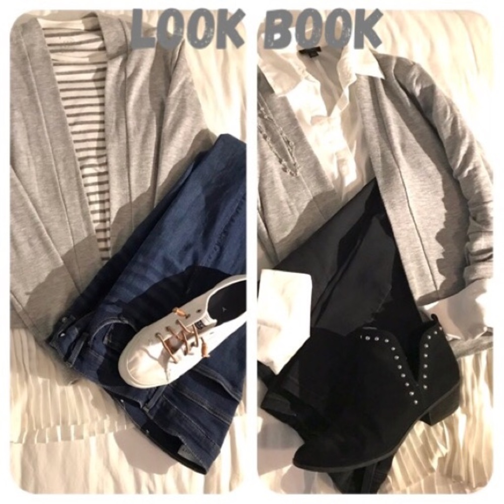 Bobeau Gray Jersey Open Front Pleated Hem Cardigan